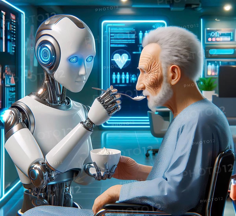 A humanoid robot feeds an old man in a retirement home, symbolic image elderly care, nursing crisis, old age, illness, frail, cybernetics, AI generated, AI generated