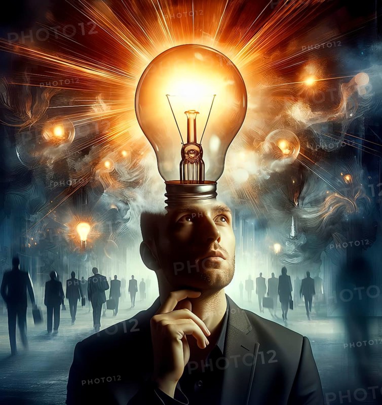 A man with a light bulb in his head who sees a light, Symbolic image thoughts, idea, flash of inspiration, problem solving, intelligence, AI generated, AI generated