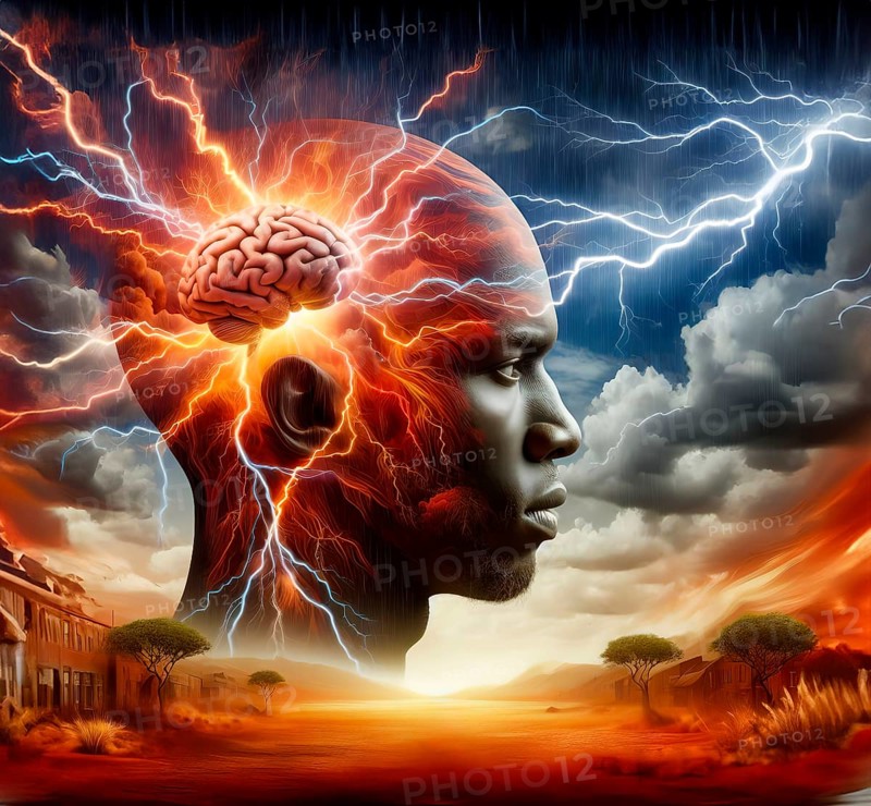 A man's brain emits flashes, symbolic image creative thinking, thought, thought flash, intelligence, medicine, human brain, networking, neurons, nervous system, AI generated, AI generated