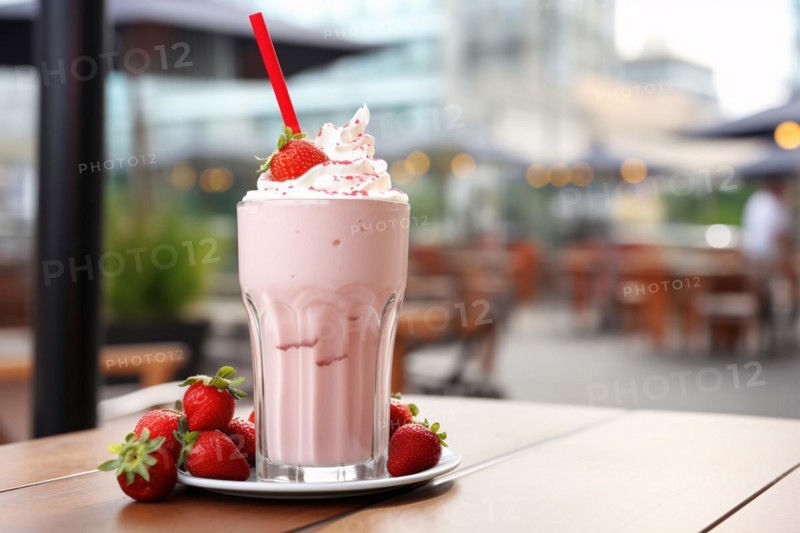 Strawberry milkshake on restaurant table. KI generiert, generiert, AI generated