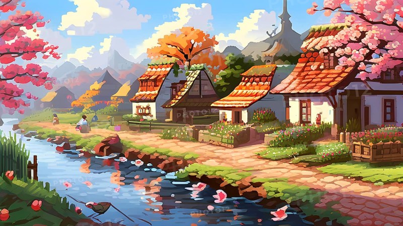 Pixel art illustration of a cozy village in spring with vibrant blooming tress and flowers, AI generated