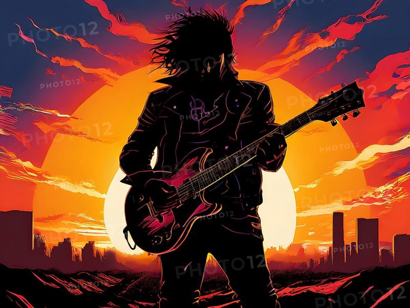 Illustration of a rock star silhouette clutching guitar against abstract urban skyline morphing into sunset, AI generated