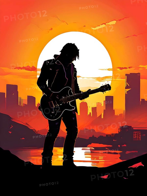 Illustration of a rock star silhouette clutching guitar against abstract urban skyline morphing into sunset, AI generated