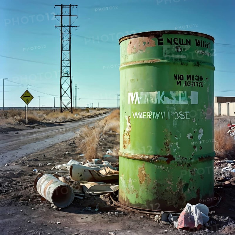 Representation of illegal nuclear waste barrel leaking radioactive material, AI generated