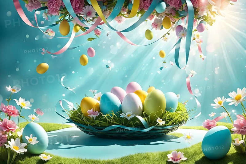 Surreal Easter scene with floating eggs, ribbons, and flowers in a dreamlike, whimsical composition of light and shadow, AI generated