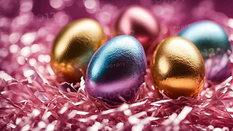 Small chocolate Easter eggs wrapped in shiny foil, placed on a bed of shredded pastel-colored paper, AI generated