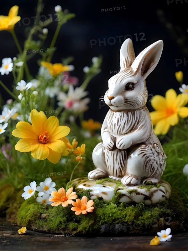 Vintage porcelain rabbit figurine surrounded by small, colorful spring flowers and soft moss, AI generated