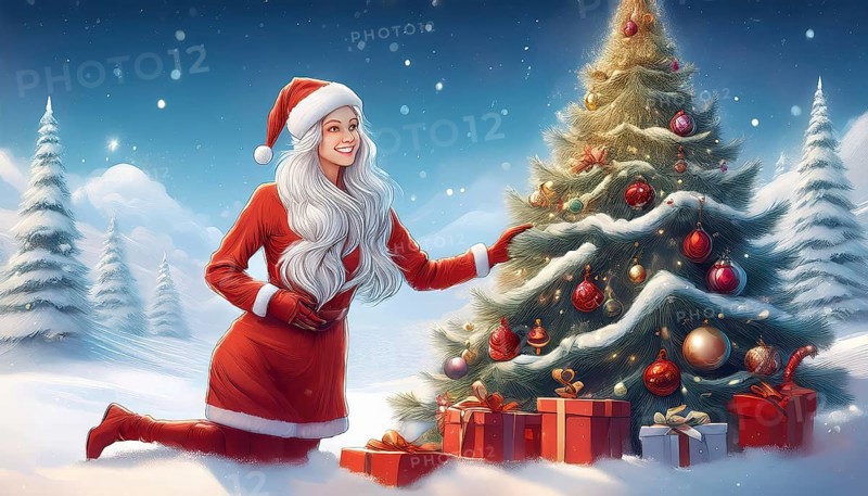 Illustration Christmas woman leaning against a Christmas tree with presents underneath in a snowy winter landscape at night, AI-generated image, AI generated