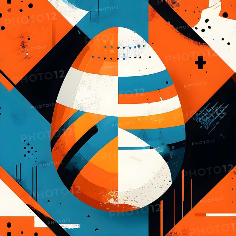 Illustration of an abstract Easter egg design with geometric patterns, bold colors, and a mix of textures, creating a modern and dynamic look, AI generated