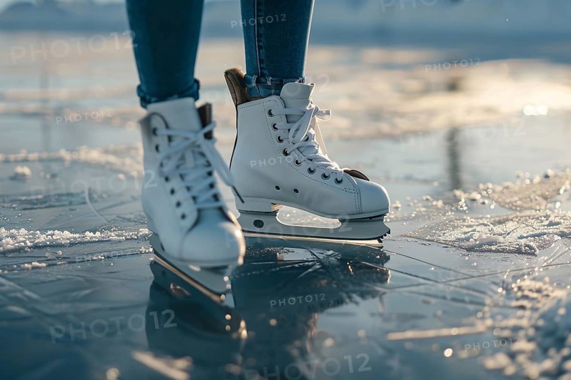 Close up of woman's feet in white ice skating shoes on frozen lake. Generative AI, AI generated