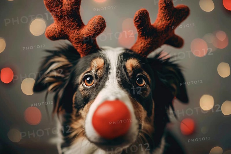Dog with funny red nose and reindeer costume antlers. Generative Ai, AI generated