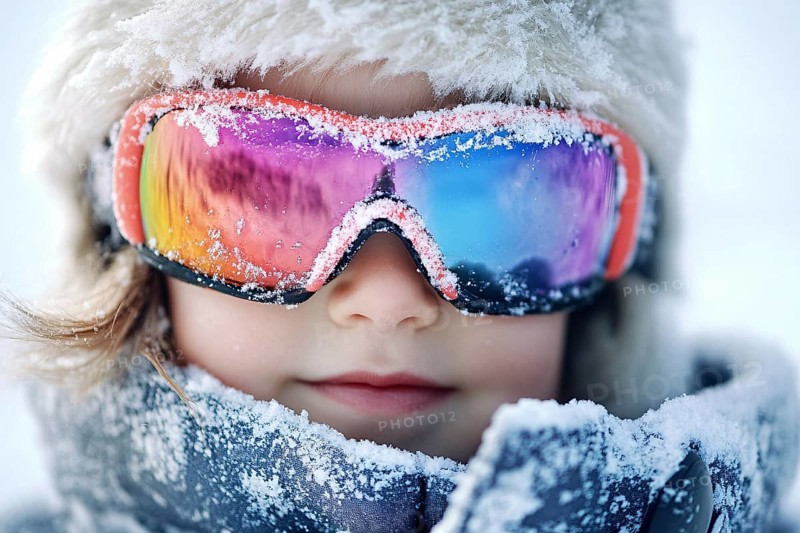 Child's face with large skiing sunglasses and hat cobered in snow in winter. Generative Ai, AI generated