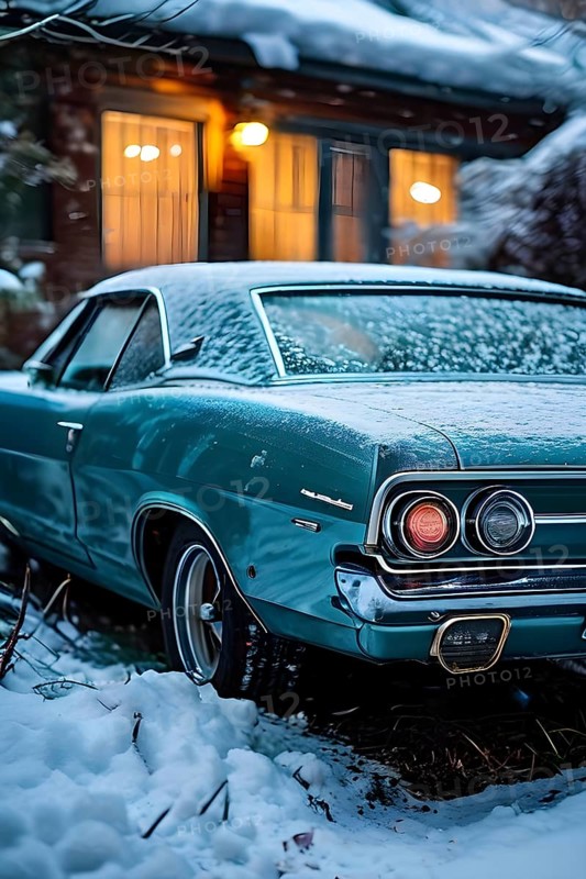 Classic 1960s muscle car, half-buried in snow in a forgotten backyard creating a sense of nostalgia and isolation, AI genrated, AI generated