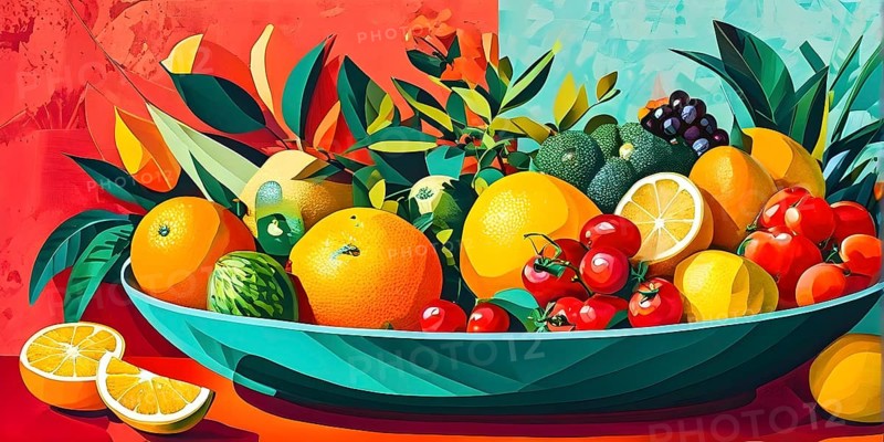 Vibrant illustration of a bowl brimming with a cascade of fresh fruits and vegetables, AI generated