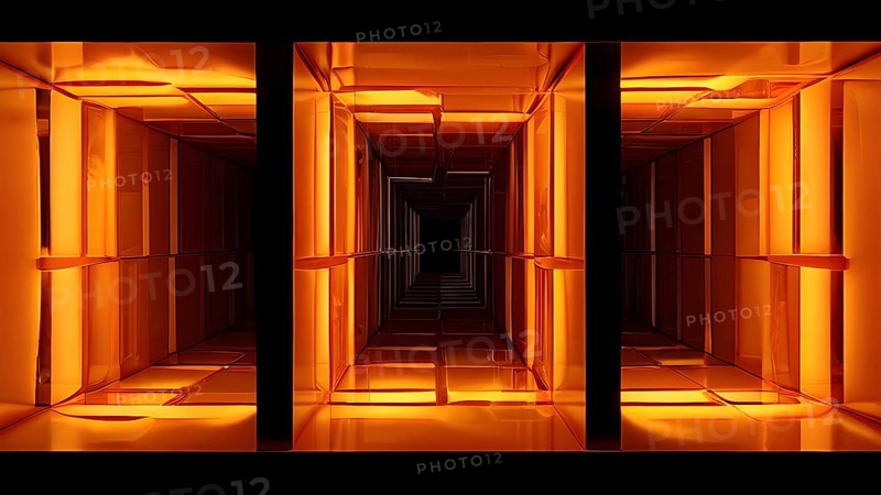 Windows aligned within an elongated tunnel permeated with gradients of orange hues, AI generated