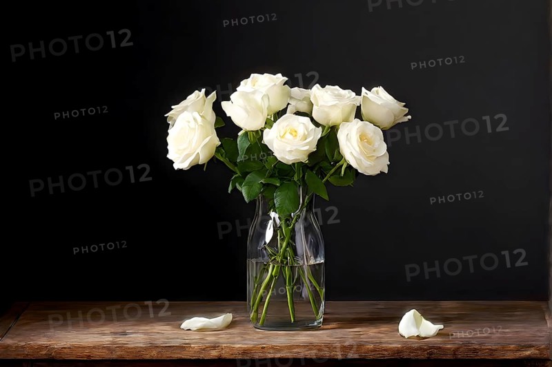 Vase of white roses aligned on an aged oak wood table, AI generated