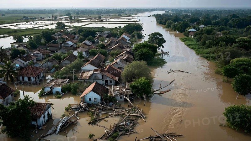 Aerial view showcases the extensive demolition within a village in massive water flood, AI generated