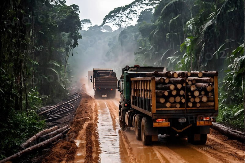 Trucks loaded with freshly cut timber wind through the narrow paths of the diminishing amazon rainforest, AI generated