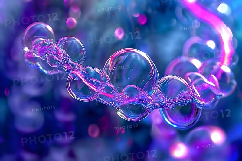 Helix shaped structure bathed in vibrant purple color interconnected with a string of iridescent bubbles, AI generated