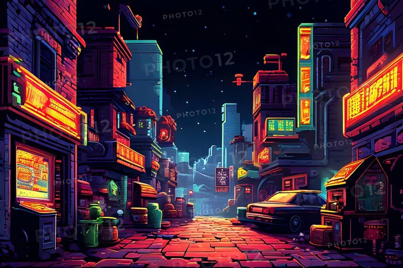 Pixel art illustration of a classic arcade game scene with characters navigating through obstacles, AI generated