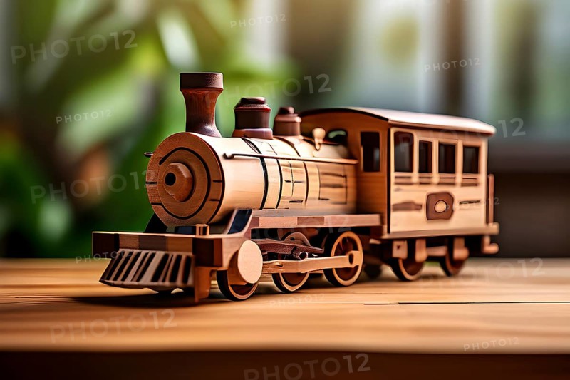 Vintage wooden locomotive toy with a playful design in front of blurred background, AI generated