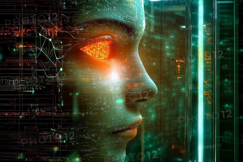 Conceptual symbolism of artificial Intelligence represented by a human face with a glowing orange eye emerging from a computer, AI generated