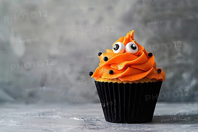 Halloween cupcake with orange colored frosting and funny monster eyes. Generative Ai, AI generated