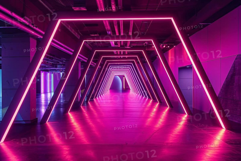 Room with modern futuristic pink glowing neon light lines. Generative ai, AI generated