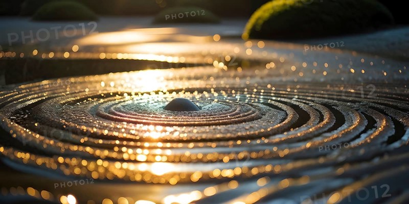 Zen garden bathed in the soft glow of dawn as a serene symbol for relaxation, AI generated