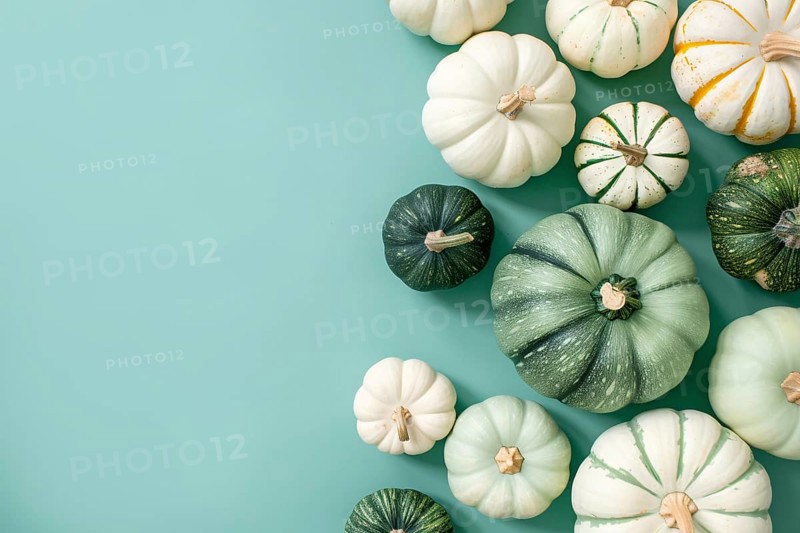 Top view of white and green pumpkins on mint green background with copy space. Generative Ai, AI generated