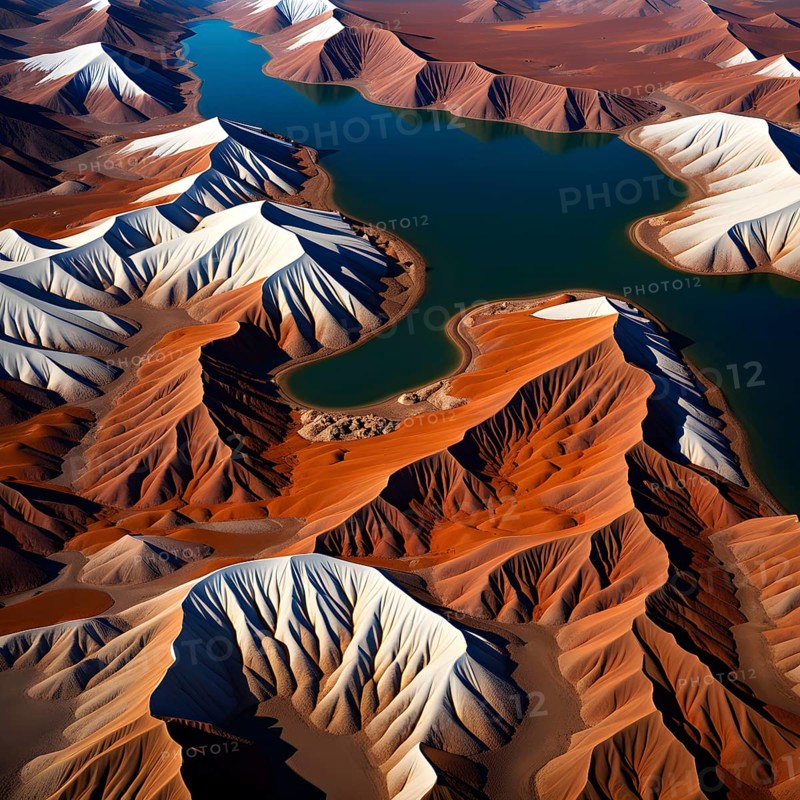 Aerial view perpendicular top down of an abstract colorful river along the coastline, AI generated