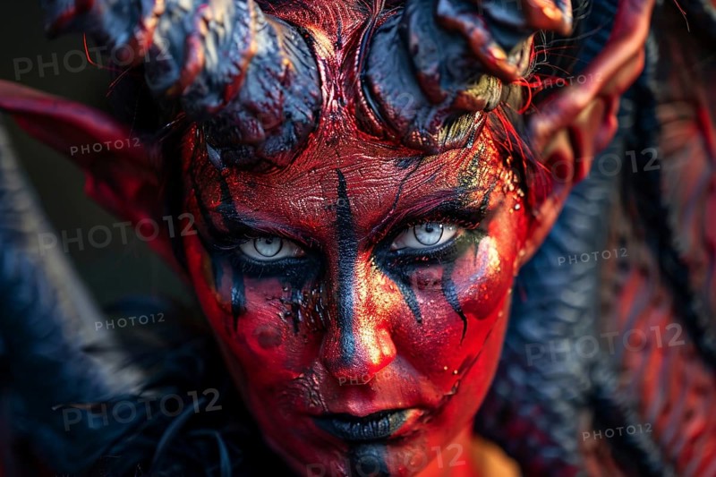 Woman's face with evil red devil Halloween makeup costume. Generative AI, AI generated