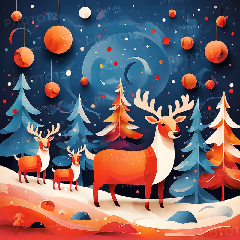 Whimsical abstract scene with stylized reindeer and sleighs to capture the magic of Christmas, AI generated