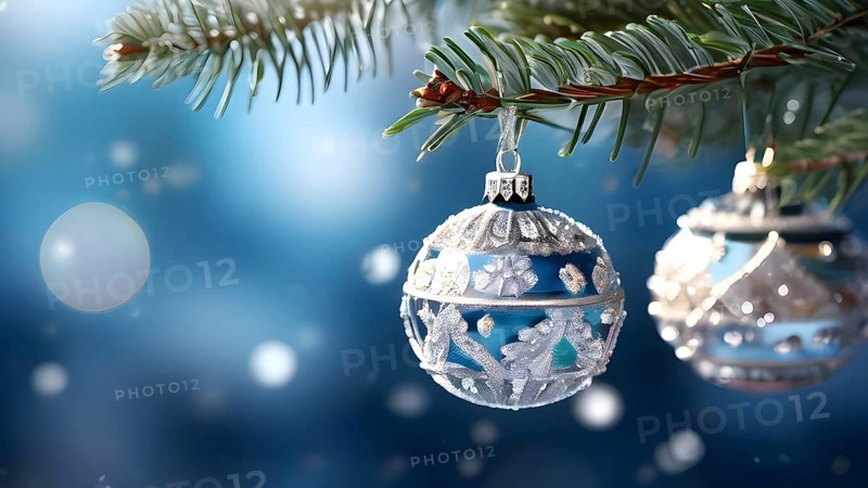 Set of Christmas ornaments hanging on a snow-covered pine tree branch, with frost clinging to the delicate glass and metal surfaces, AI generated