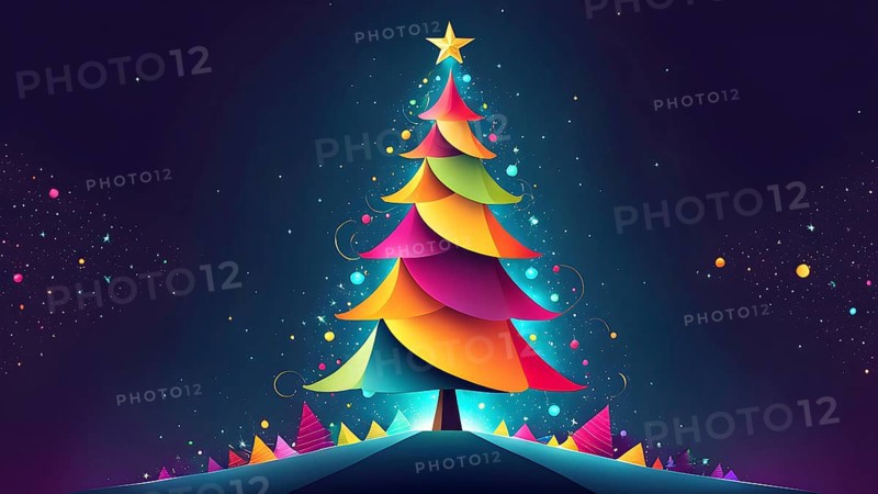 Abstract Christmas tree illustration with vibrant colors and geometric shapes, AI generated
