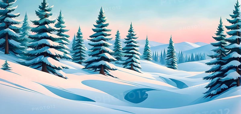 Abstract winter wonderland with minimalist stylized pine trees and snowdrifts using soft pastel colors and gentle curves, AI generated