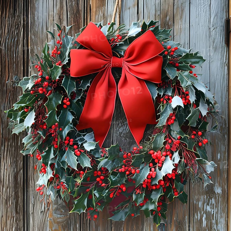 Classic holiday wreath with frosted holly leaves hanging on a rustic wooden door, AI generated