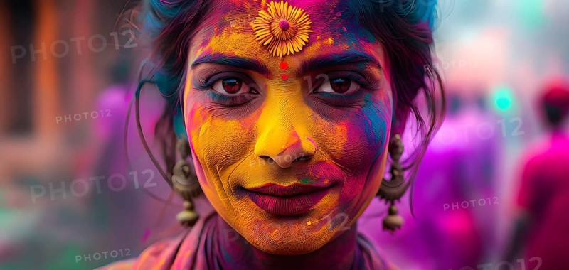 Indian woman colored face portrait during Holi Hindu festival, AI generated