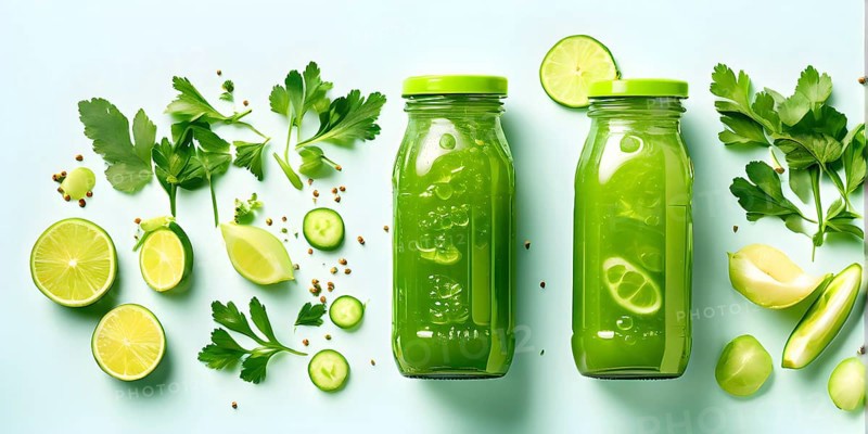 Minimalist lay flat composition of a bottle of vibrant green detox juice surrounded by green fruit and vegetables, AI generatedminimalist lay flat composition of a bottle of vibrant green detox juice surrounded by green fruit and vegetables, AI generated