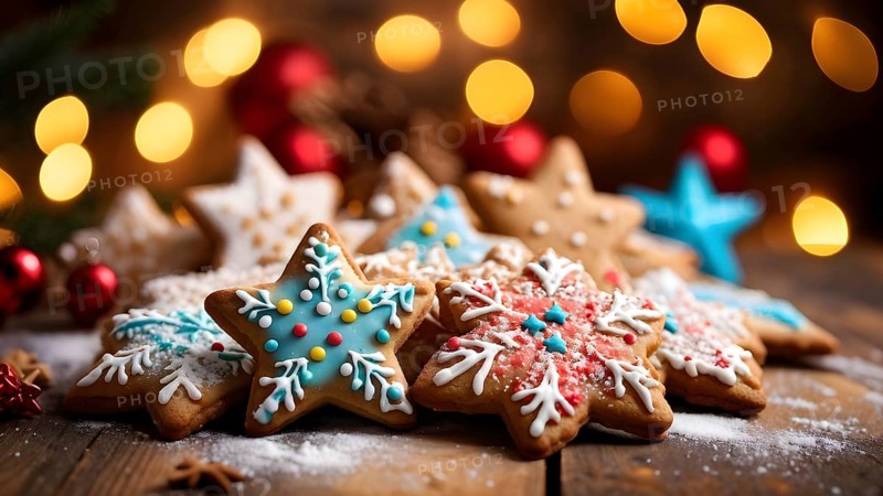 A detailed shot of Christmas cookies on a wooden table, featuring star-shaped cookies with colorful icing, sprinkles, and powdered sugar, AI generated
