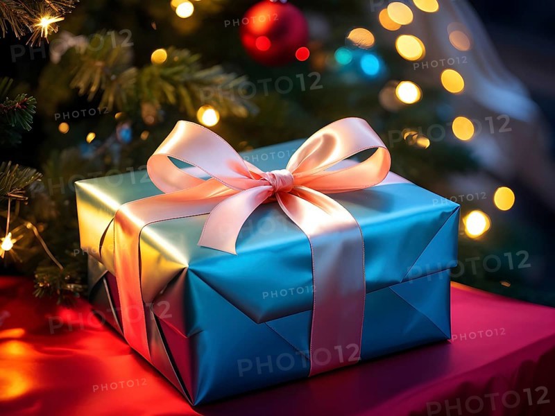 Close-up of a beautifully wrapped Christmas gift with a satin ribbon, set under a glowing Christmas tree, AI generated