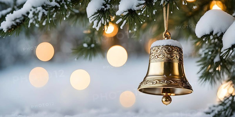 Vintage Christmas bell ornament hanging on a snow-dusted evergreen branch, capturing the intricate metallic details and soft reflections of nearby lights, AI generated