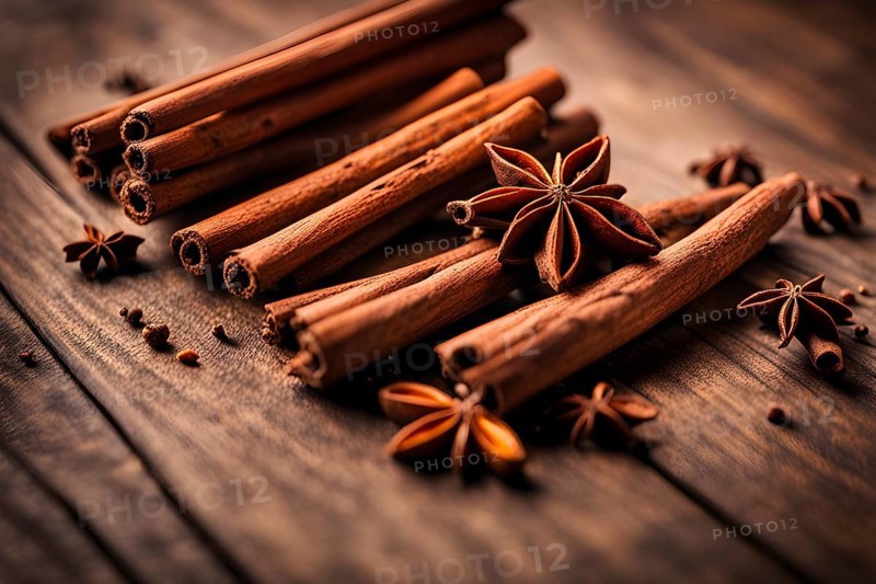Christmas spices like cinnamon sticks, star anise, and cloves arranged on a wooden table, with soft ambient lighting evoking warmth and coziness, AI generated