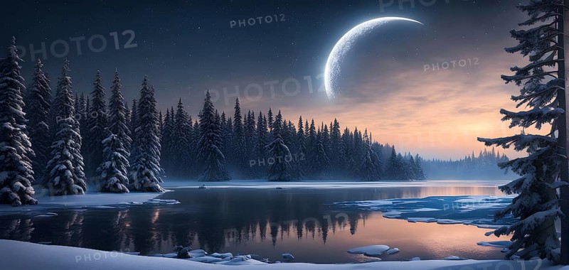 Tranquil winter night scene with a crescent moon and stars shining brightly over a frozen lake, with a line of snow-covered pine trees reflected in the lake, AI generated