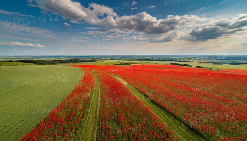 Agriculture, dense, intensely red blooming poppy field up to the horizon, aerial view, from above, AI generated, AI generated