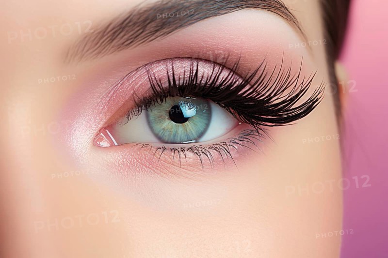 Close up of woman's eye with long black fake lashes and pink eyeshadow. KI generiert, generiert AI generated
