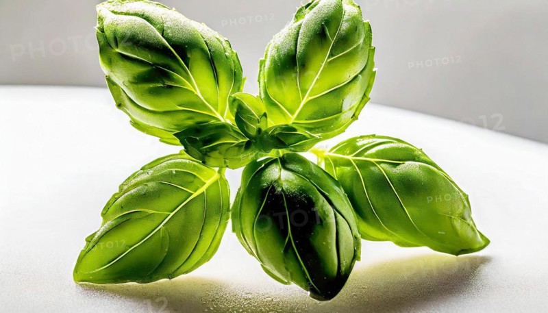 Food, herbs, a sprig of basil in front of a white surface, AI generated, AI generated