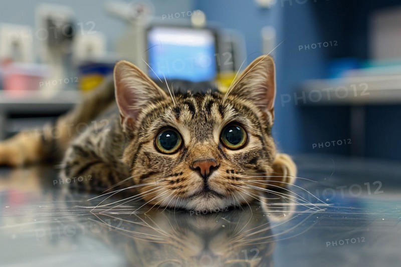 Scared cat on examination table in vet clinic. KI generiert, generiert, AI generated