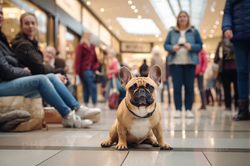 French Bulldog dog sitting in shopping mall full of people. KI generiert, generiert, AI generated