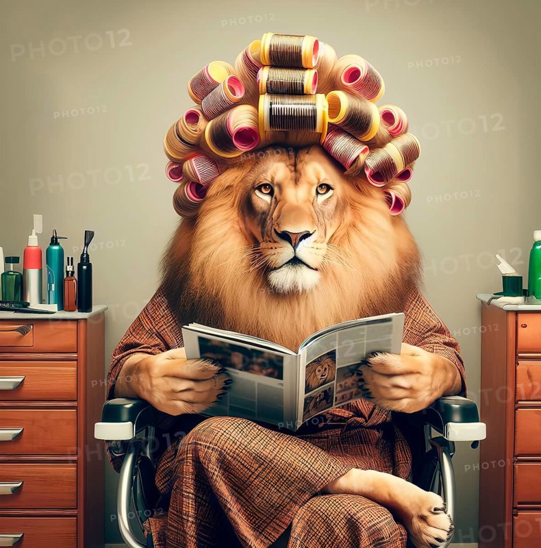A maned lion with curlers in its mane in the hairdressing salon, AI generated, AI generated